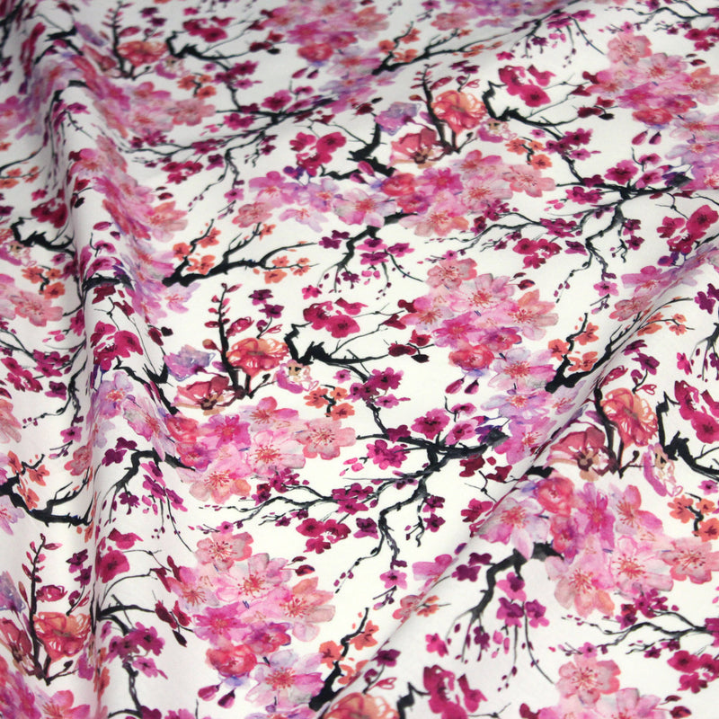 Tissu cotonnade SAKURA ROSE : jardin japonais aux fleurs de cerisier roses & fuchsia - TissusPapi.com