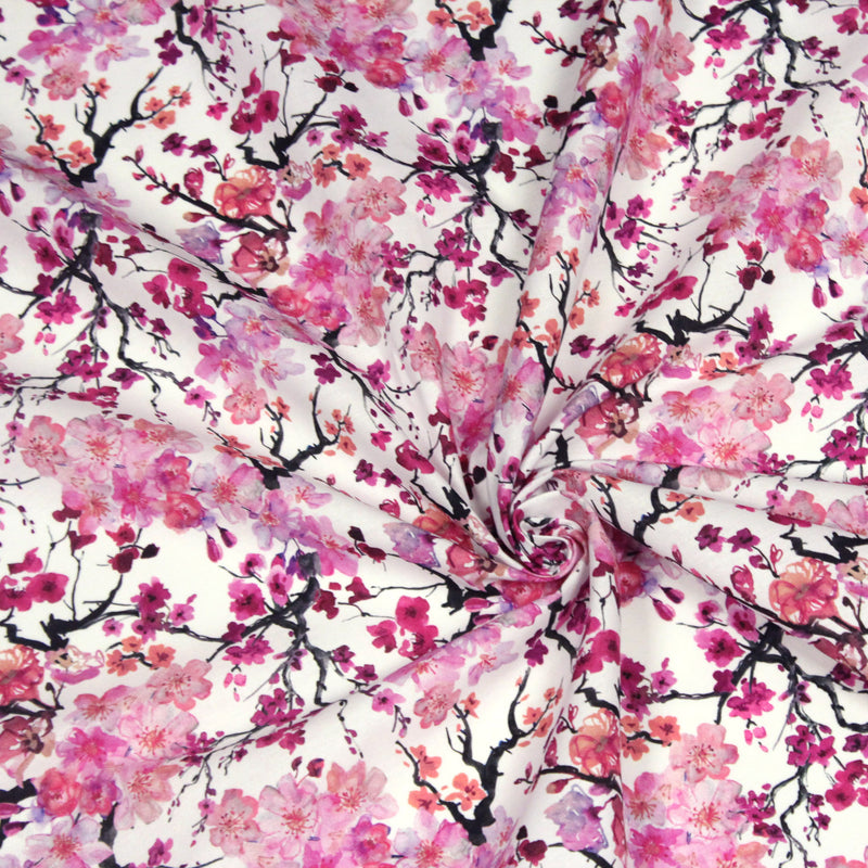 Tissu cotonnade SAKURA ROSE : jardin japonais aux fleurs de cerisier roses & fuchsia - TissusPapi.com