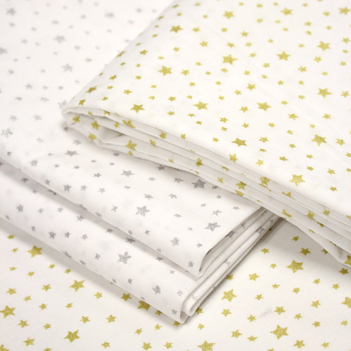 Tissu cotonnade NOËL blanc : étoiles argentées ou dorées - STANDARD 100 OEKO-TEX