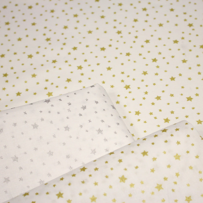 Tissu cotonnade NOËL blanc : étoiles argentées ou dorées - STANDARD 100 OEKO-TEX