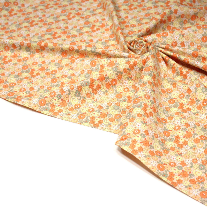 Tissu popeline coton fleurie orange jaune vert fond orange - OEKO - TEX - TissusPapi.com