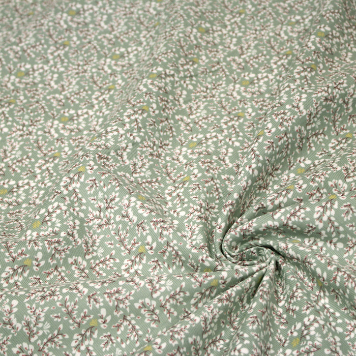 Tissu velours milleraies vert sauge aux fines fleurs blanches - OEKO-TEX