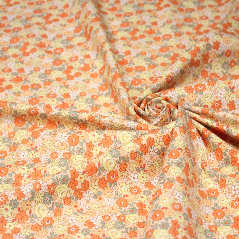 Tissu popeline coton fleurie orange jaune vert fond orange - OEKO - TEX - TissusPapi.com