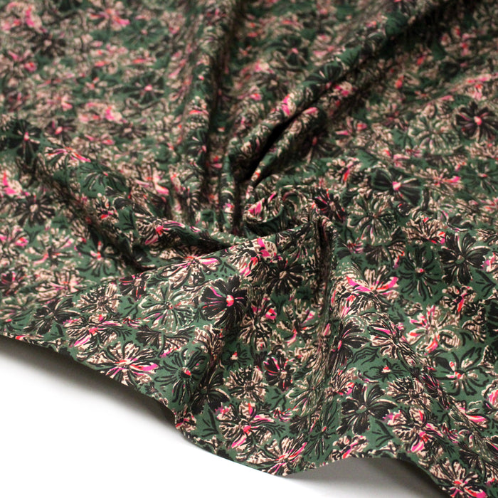 Tissu cotonnade ESTORIL fleuri vert aux touches noires, fuchsia et écrues - STANDARD 100 OEKO-TEX