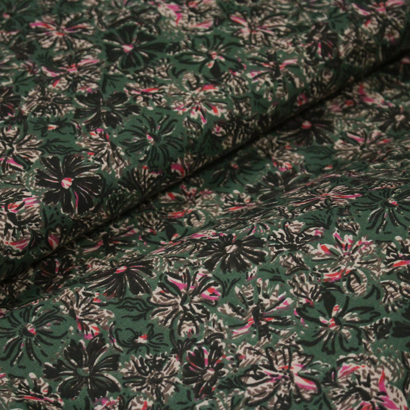 Tissu cotonnade ESTORIL fleuri vert aux touches noires, fuchsia et écrues - STANDARD 100 OEKO - TEX - TissusPapi.com