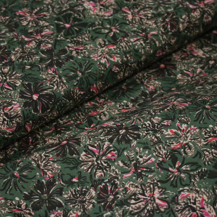 Tissu cotonnade ESTORIL fleuri vert aux touches noires, fuchsia et écrues - STANDARD 100 OEKO-TEX