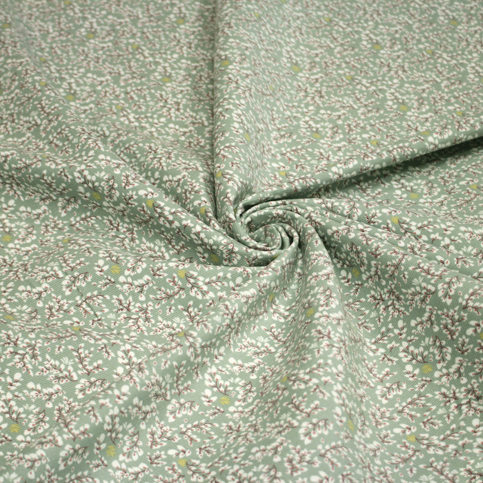 Tissu velours milleraies vert sauge aux fines fleurs blanches - OEKO-TEX