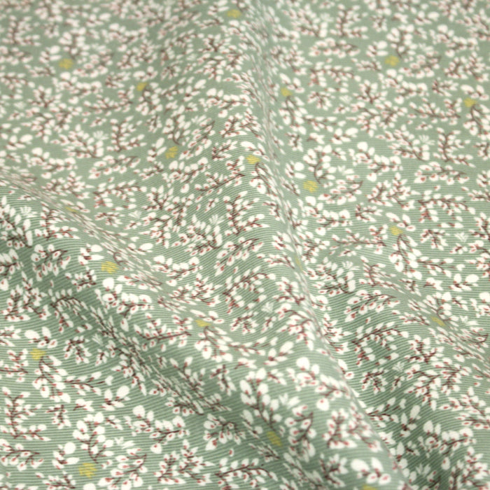 Tissu velours milleraies vert sauge aux fines fleurs blanches - OEKO-TEX