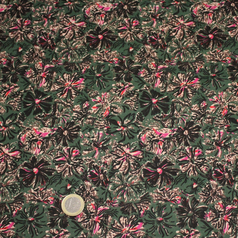 Tissu cotonnade ESTORIL fleuri vert aux touches noires, fuchsia et écrues - STANDARD 100 OEKO - TEX - TissusPapi.com