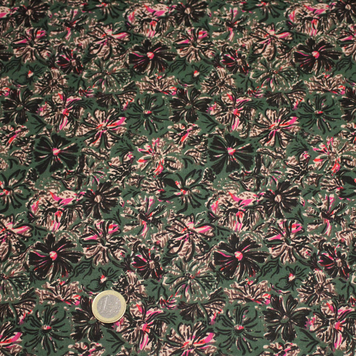 Tissu cotonnade ESTORIL fleuri vert aux touches noires, fuchsia et écrues - STANDARD 100 OEKO-TEX