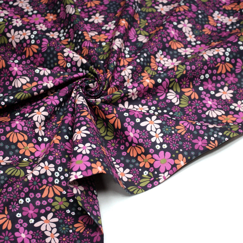 Tissu cotonnade fleuri SEVENTIES violet orange vert - STANDARD 100 OEKO - TEX - TissusPapi.com
