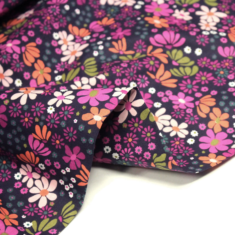 Tissu cotonnade fleuri SEVENTIES violet orange vert - STANDARD 100 OEKO - TEX - TissusPapi.com