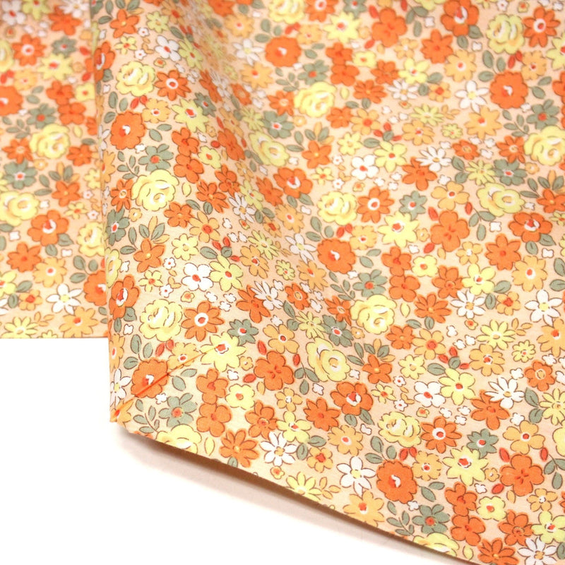 Tissu popeline coton fleurie orange jaune vert fond orange - OEKO - TEX - TissusPapi.com