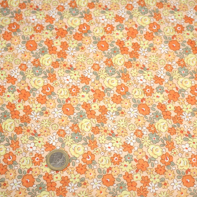 Tissu popeline coton fleurie orange jaune vert fond orange - OEKO - TEX - TissusPapi.com