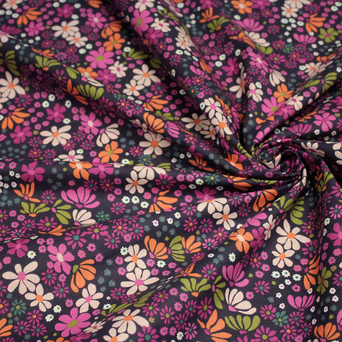 Tissu cotonnade fleuri SEVENTIES violet orange vert - STANDARD 100 OEKO-TEX