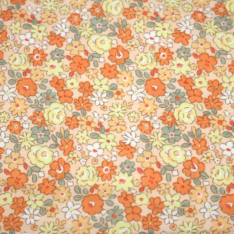Tissu popeline coton fleurie orange jaune vert fond orange - OEKO - TEX - TissusPapi.com