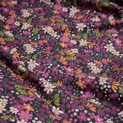 Tissu cotonnade fleuri SEVENTIES violet orange vert - STANDARD 100 OEKO - TEX - TissusPapi.com