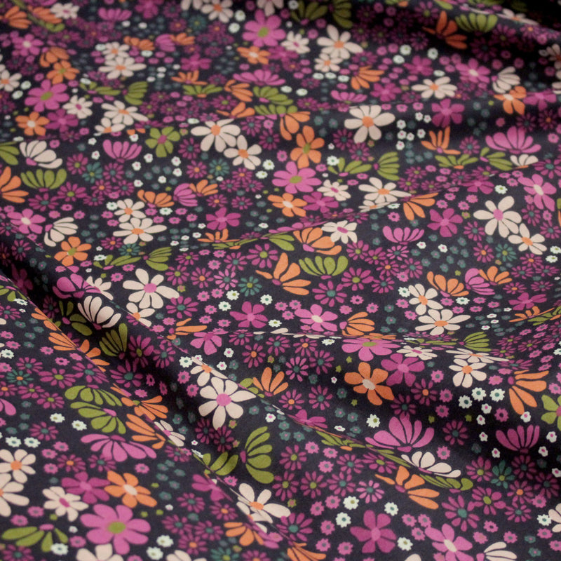 Tissu cotonnade fleuri SEVENTIES violet orange vert - STANDARD 100 OEKO - TEX - TissusPapi.com