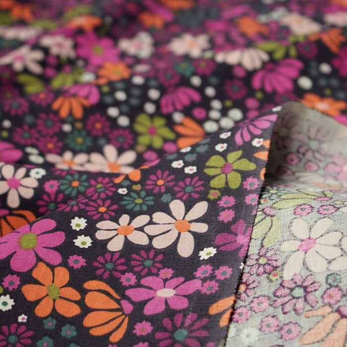 Tissu cotonnade fleuri SEVENTIES violet orange vert - STANDARD 100 OEKO-TEX