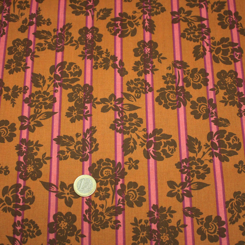 Tissu cotonnade SEVENTIES fleurs marrons, rayures roses et ocres - STANDARD 100 OEKO - TEX - TissusPapi.com