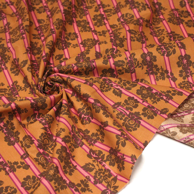 Tissu cotonnade SEVENTIES fleurs marrons, rayures roses et ocres - STANDARD 100 OEKO - TEX - TissusPapi.com