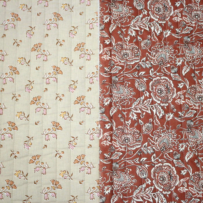 Tissu Matelassé coton motif KALAMKARI aux fleurs, fond marron caramel, verso écru fleuri - OEKO-TEX