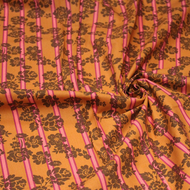 Tissu cotonnade SEVENTIES fleurs marrons, rayures roses et ocres - STANDARD 100 OEKO - TEX - TissusPapi.com
