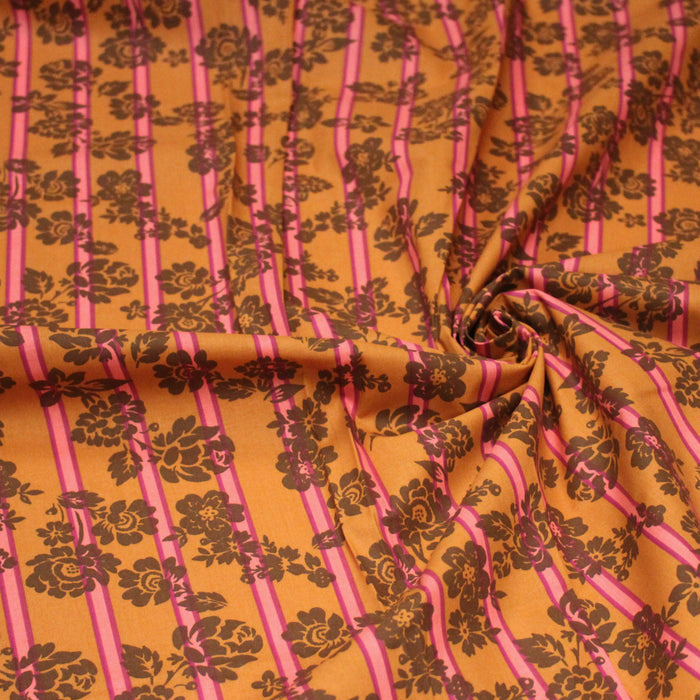 Tissu cotonnade SEVENTIES fleurs marrons, rayures roses et ocres - STANDARD 100 OEKO-TEX