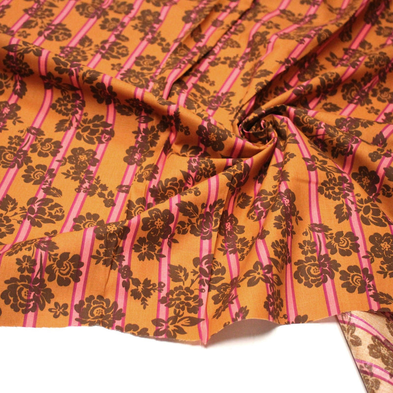 Tissu cotonnade SEVENTIES fleurs marrons, rayures roses et ocres - STANDARD 100 OEKO - TEX - TissusPapi.com