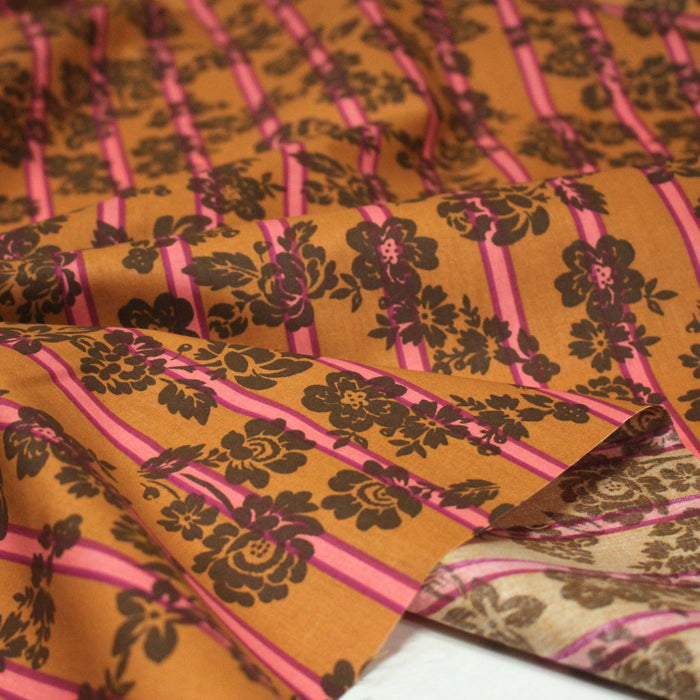 Tissu cotonnade SEVENTIES fleurs marrons, rayures roses et ocres - STANDARD 100 OEKO-TEX
