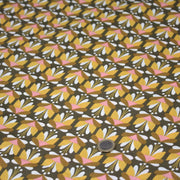 Tissu cotonnade SEVENTIES fleurs géométriques, jaune & rose fond kaki - STANDARD 100 OEKO - TEX - TissusPapi.com