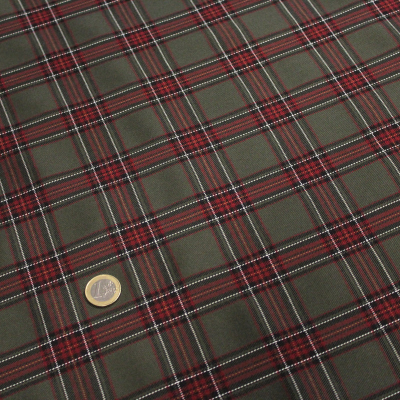 Tissu habillement Tartan carreaux motif traditionnel vert kaki noir et bordeaux - OEKO - TEX® - TissusPapi.com