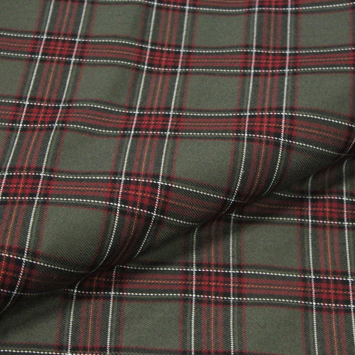 Tissu habillement Tartan carreaux motif traditionnel vert kaki noir et bordeaux - OEKO-TEX®