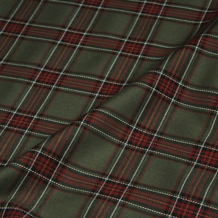 Tissu habillement Tartan carreaux motif traditionnel vert kaki noir et bordeaux - OEKO-TEX®