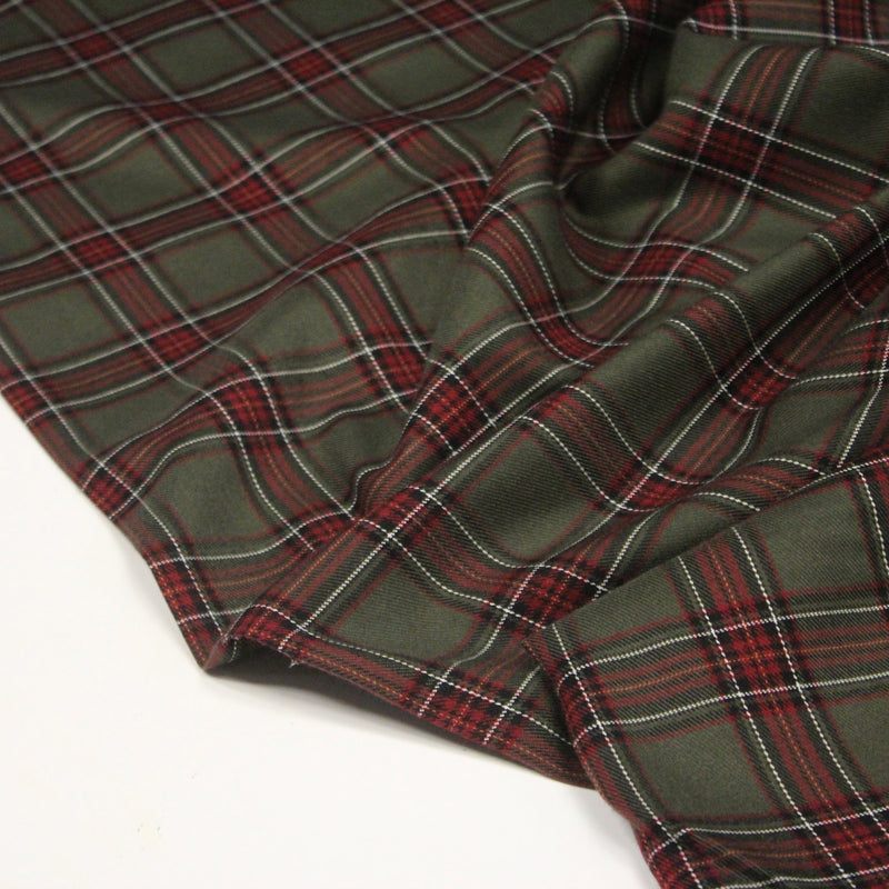 Tissu habillement Tartan carreaux motif traditionnel vert kaki noir et bordeaux - OEKO - TEX® - TissusPapi.com