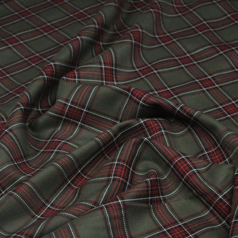 Tissu habillement Tartan carreaux motif traditionnel vert kaki noir et bordeaux - OEKO - TEX® - TissusPapi.com