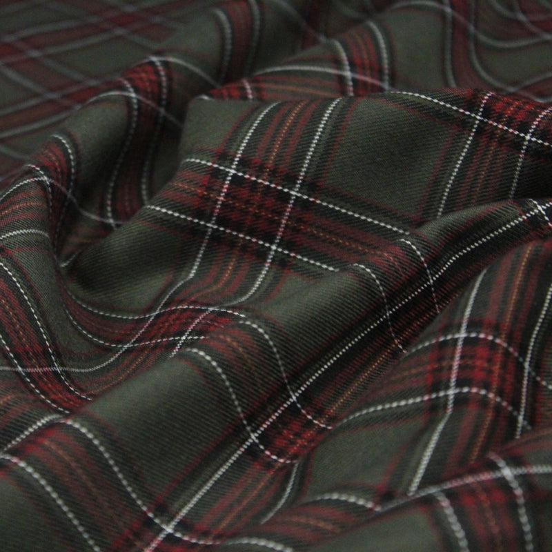 Tissu habillement Tartan carreaux motif traditionnel vert kaki noir et bordeaux - OEKO - TEX® - TissusPapi.com