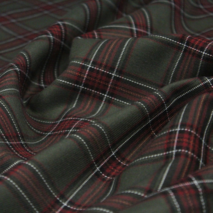 Tissu habillement Tartan carreaux motif traditionnel vert kaki noir et bordeaux - OEKO-TEX®