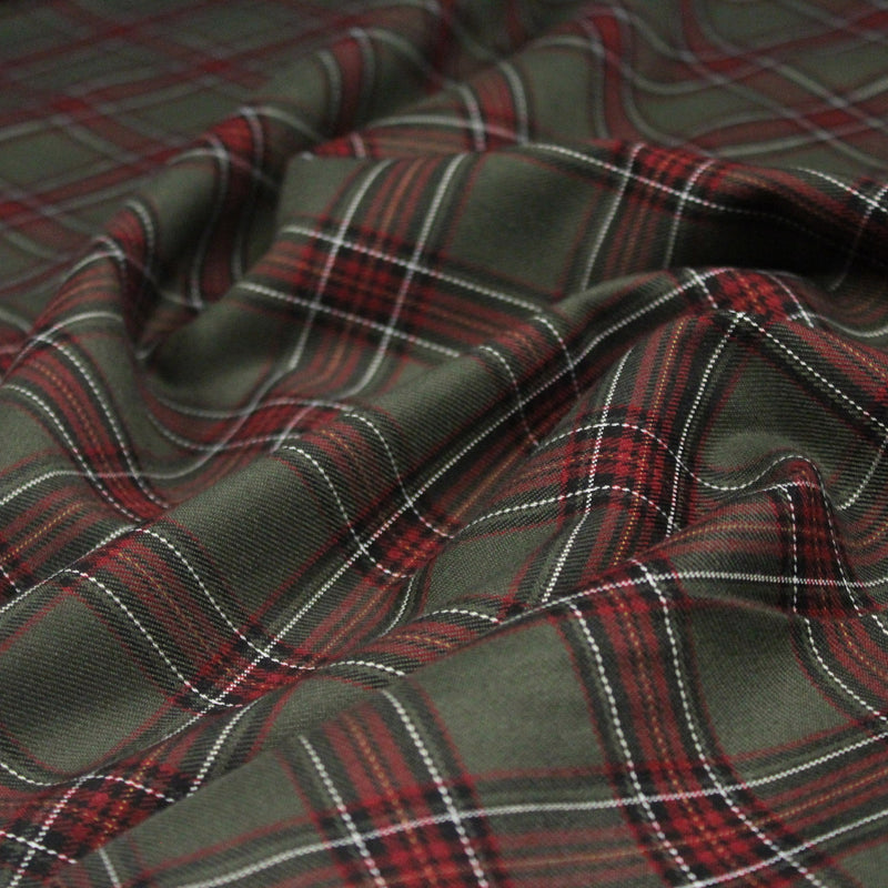 Tissu habillement Tartan carreaux motif traditionnel vert kaki noir et bordeaux - OEKO - TEX® - TissusPapi.com
