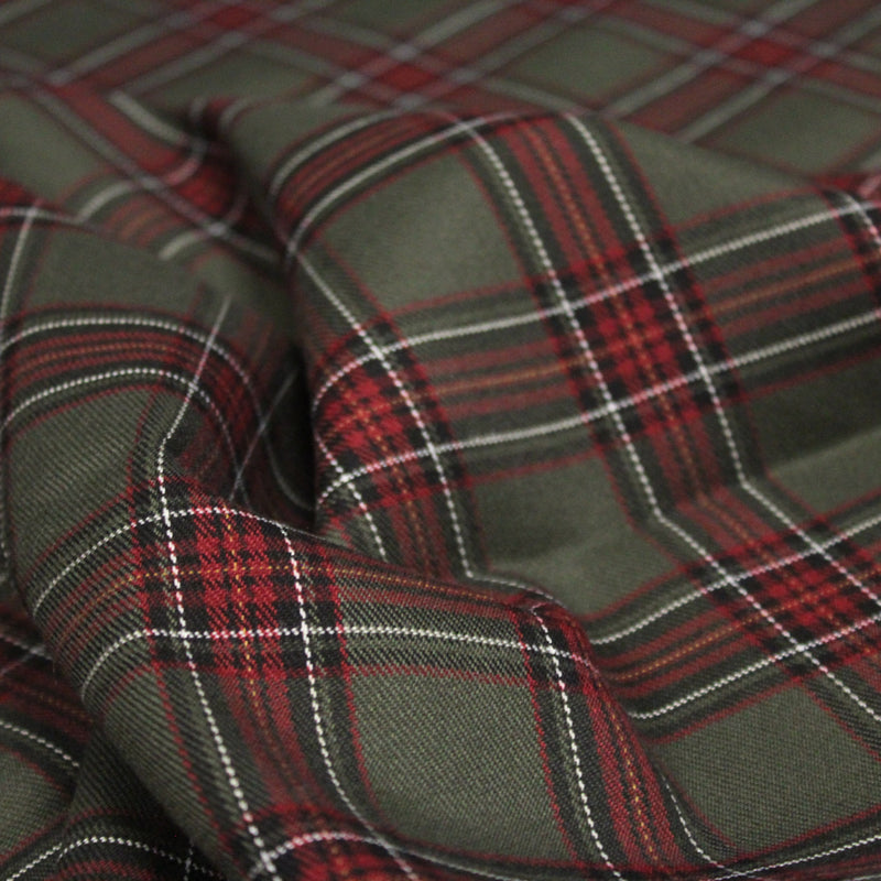Tissu habillement Tartan carreaux motif traditionnel vert kaki noir et bordeaux - OEKO - TEX® - TissusPapi.com