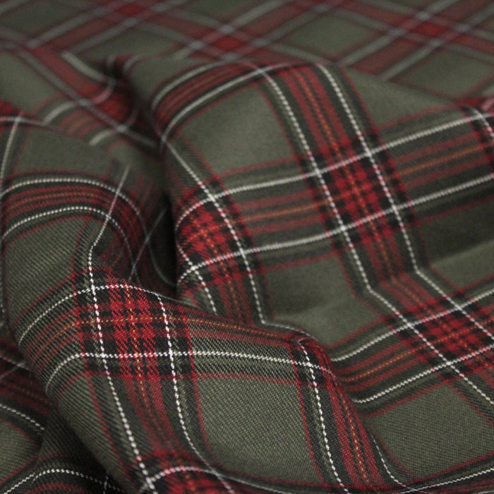 Tissu habillement Tartan carreaux motif traditionnel vert kaki noir et bordeaux - OEKO-TEX®