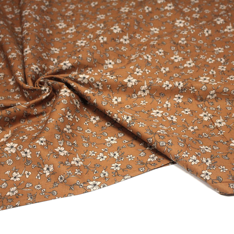 Tissu popeline coton ocre aux fines fleurs écrues & noires - OEKO - TEX - TissusPapi.com