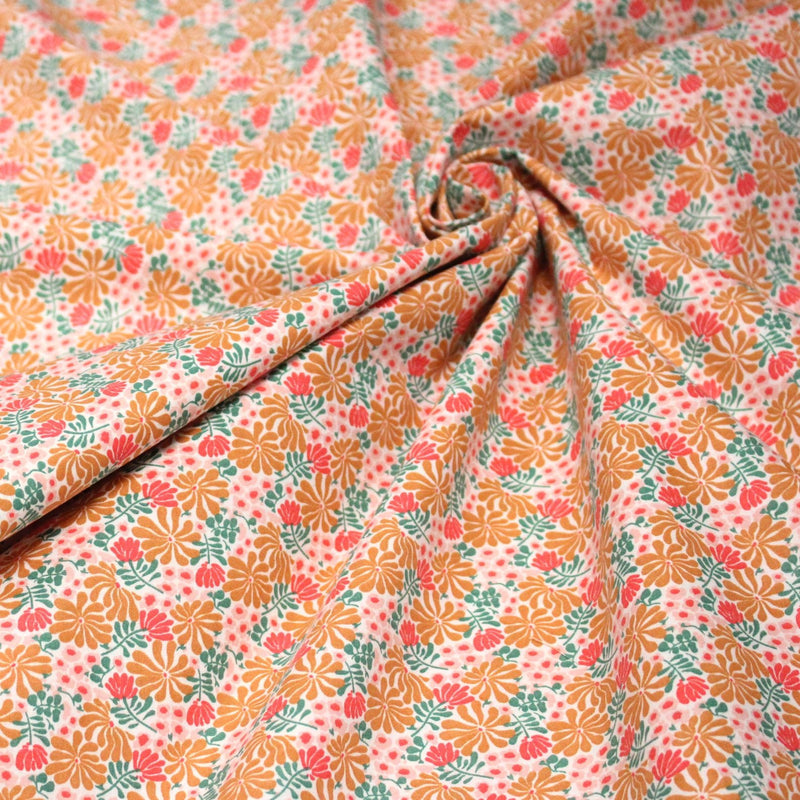 Tissu cotonnade fleuri SEVENTIES ocre rose vert - STANDARD 100 OEKO - TEX - TissusPapi.com