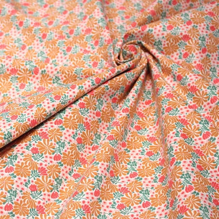 Tissu cotonnade fleuri SEVENTIES ocre rose vert - STANDARD 100 OEKO-TEX