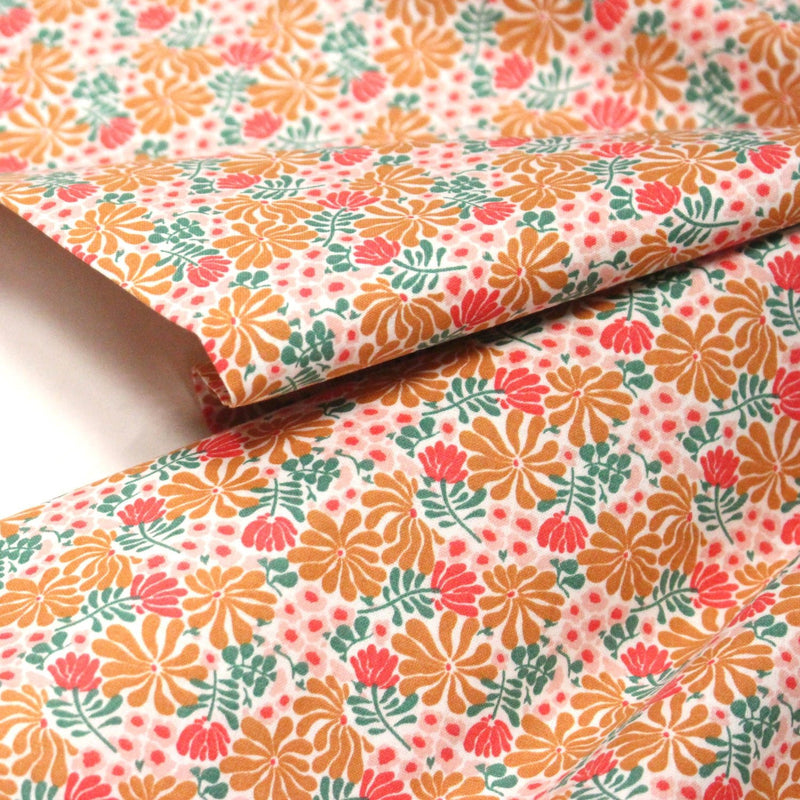 Tissu cotonnade fleuri SEVENTIES ocre rose vert - STANDARD 100 OEKO - TEX - TissusPapi.com