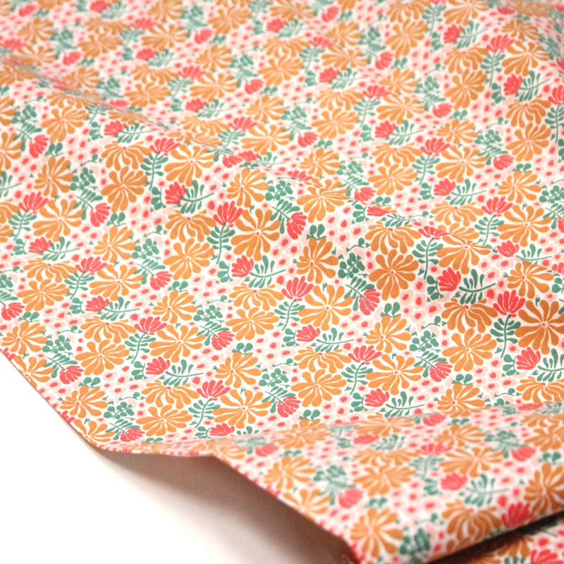 Tissu cotonnade fleuri SEVENTIES ocre rose vert - STANDARD 100 OEKO - TEX - TissusPapi.com