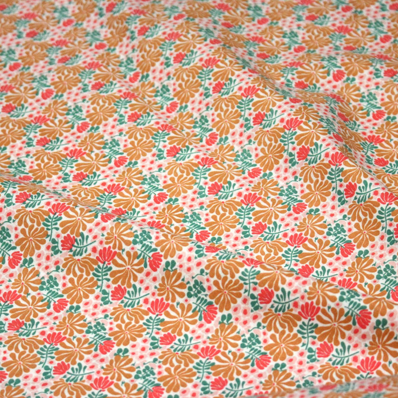 Tissu cotonnade fleuri SEVENTIES ocre rose vert - STANDARD 100 OEKO - TEX - TissusPapi.com