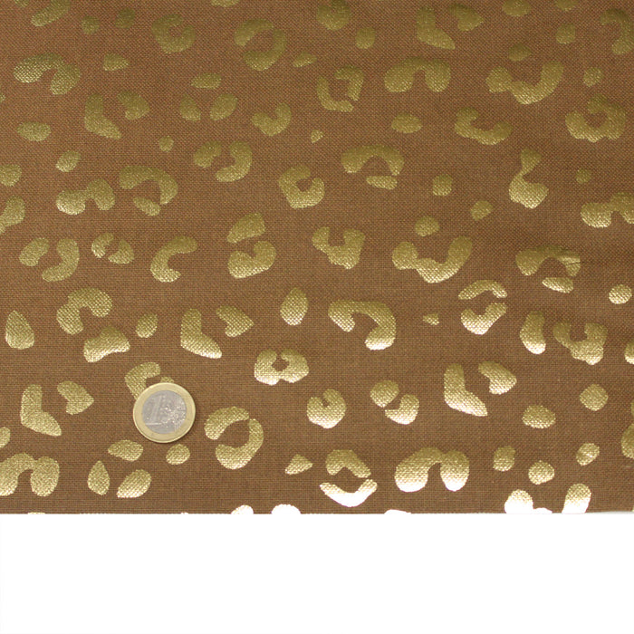 Tissu de coton demi-natté lin caramel et motif léopard doré