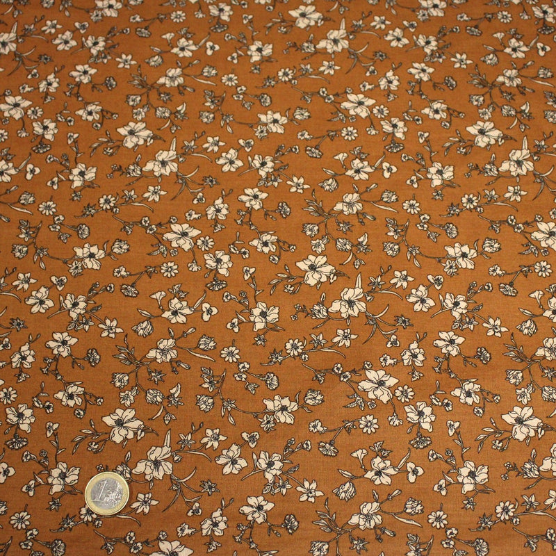 Tissu popeline coton ocre aux fines fleurs écrues & noires - OEKO - TEX - TissusPapi.com