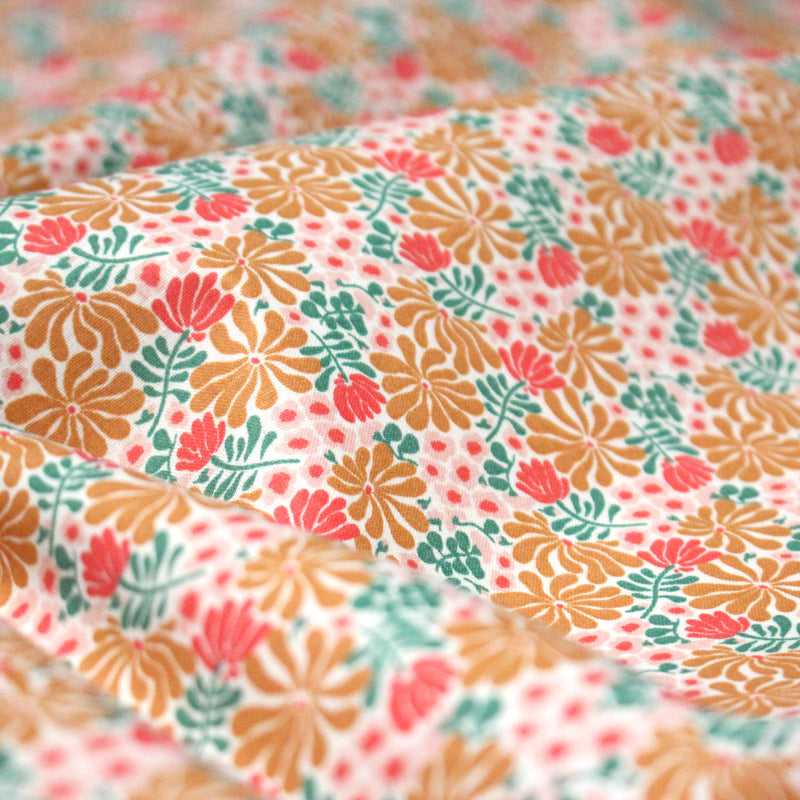 Tissu cotonnade fleuri SEVENTIES ocre rose vert - STANDARD 100 OEKO - TEX - TissusPapi.com